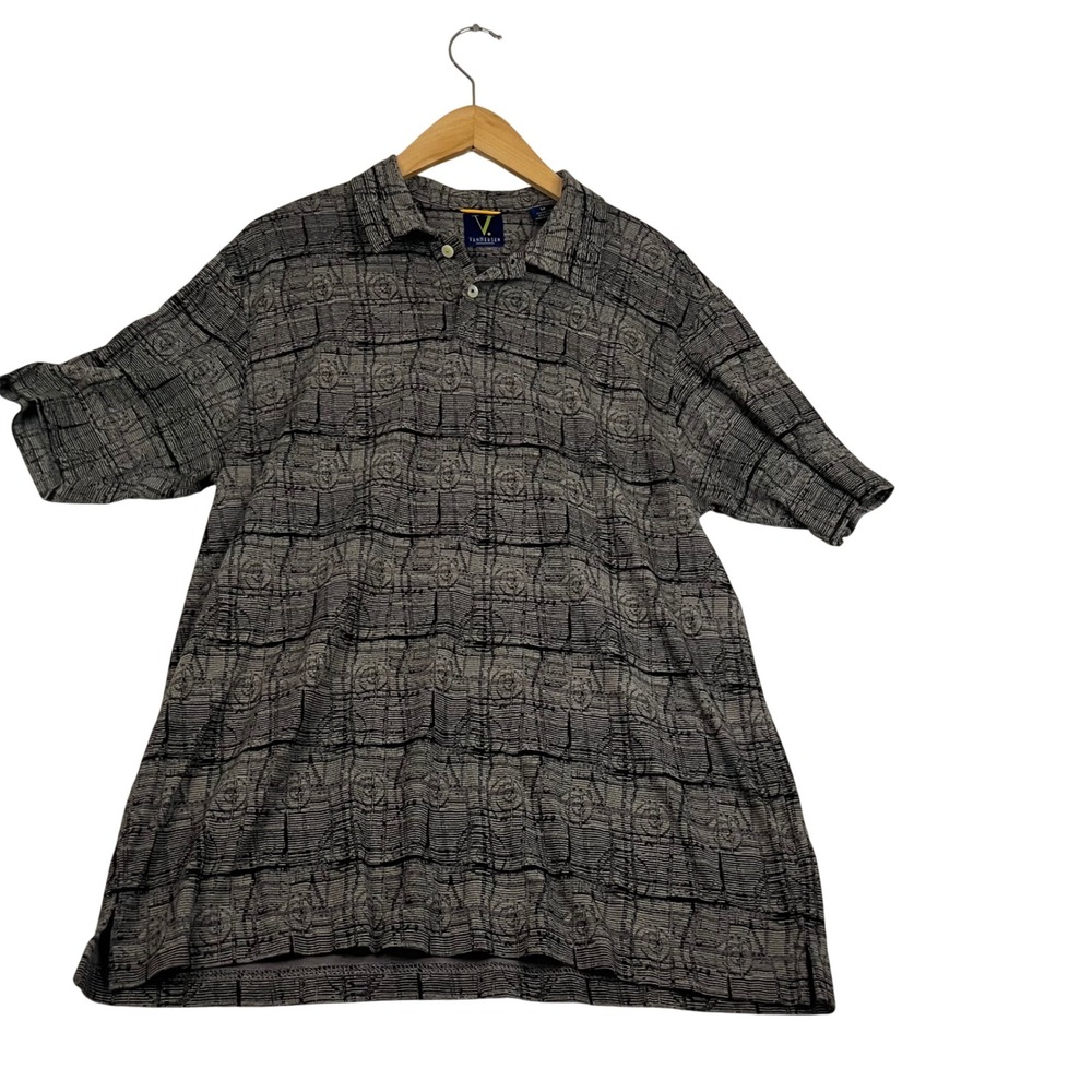 Van Heusen Mens Gray Black Abstract Grid Short Sleeve Polo Shirt Size M